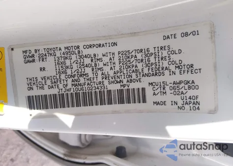 2001 Lexus Rx 300 Base (A4) z USA, uszkodzony, nr VIN JTJHF10U610234331